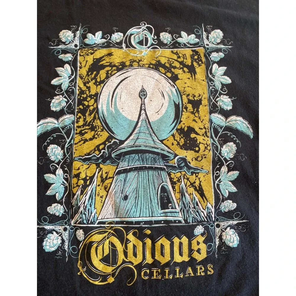 Odious Cellars‎ Graphic Black T-Shirt With Gold & Teal Design Unisex L